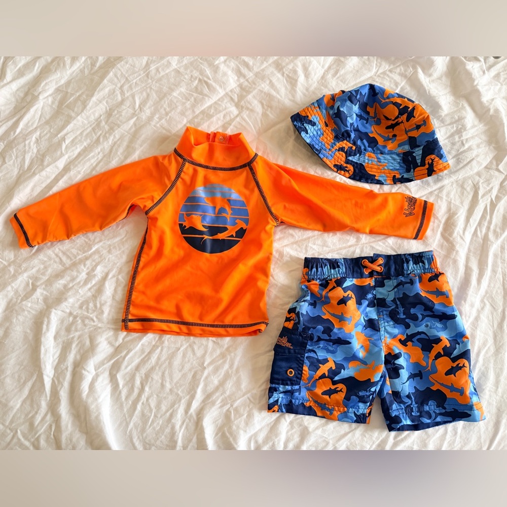 UV Skinz Boys Orange/Blue Rashguard,  Trunk and Hat set  Swimsuit UPF 50 Size 2T